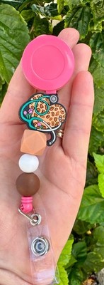 custom badge reel retractable pink brown animal print