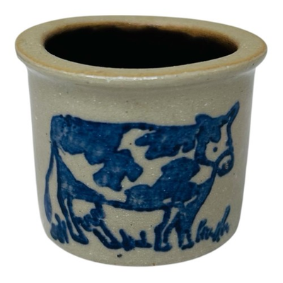 #ad Vtg Beaumont Brothers Pottery Mini Crock Salt Glazed Stoneware w COW 1.5quot;H $23.99