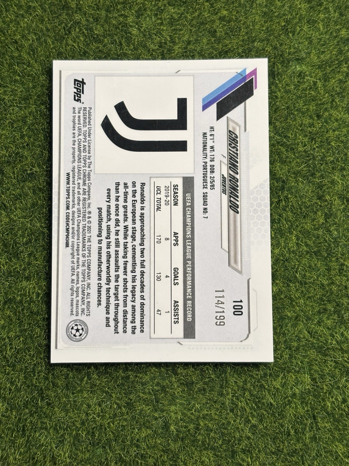 2020-21 Topps Chrome UCL - Cristiano Ronaldo #100 Aqua Wave Refractor #’d /199 view 3