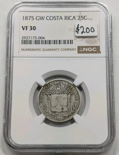 1875 GW Costa Rica 25 Centavos. NGC VF30. Scarce!