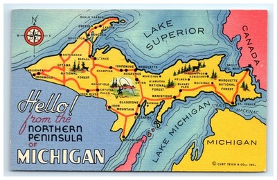 Postcard Hello from Northern Peninsula Michigan Map Linen Posted 1951