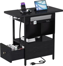 Small Side Table with Charging Station, Narrow Nightstand Bedside Tables with St