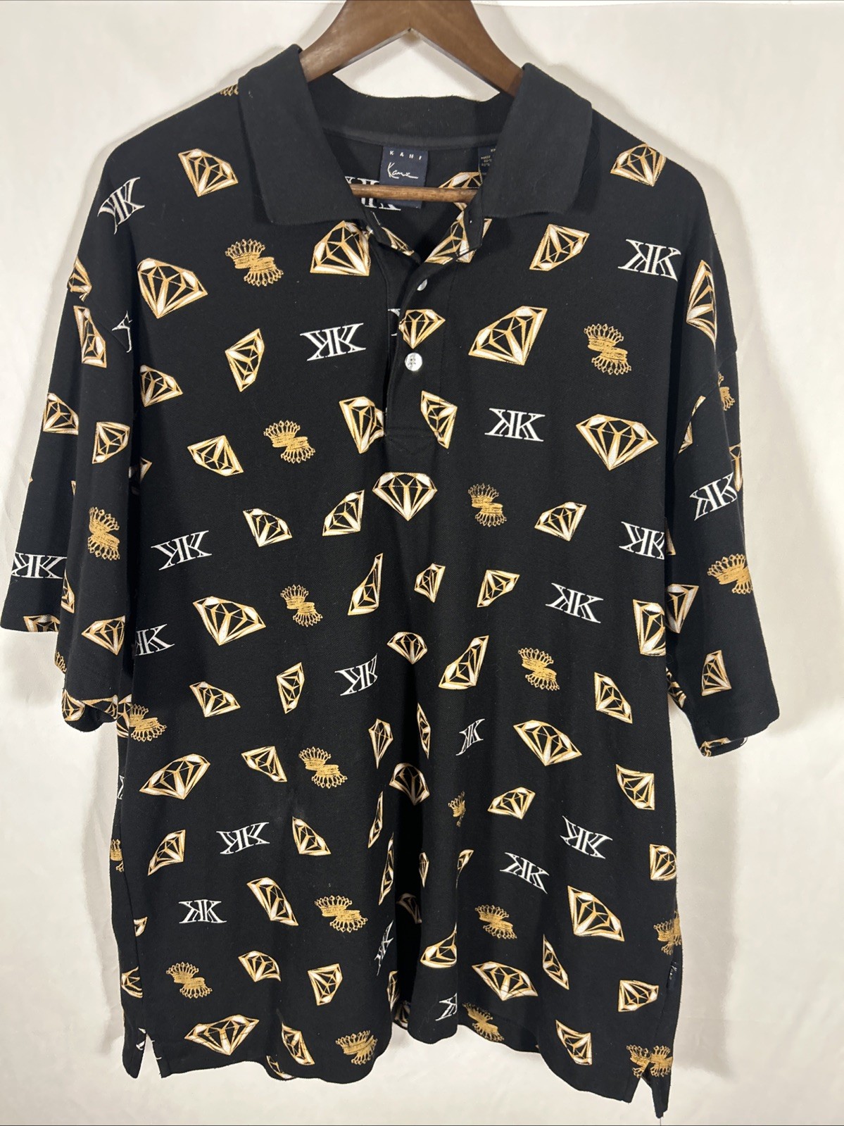 Karl Kani Gold XXL Black Polo Shirt Diamond Print Hip Hop Streetwear Y2K
