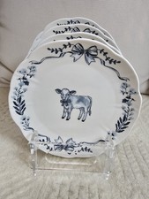 Blue Easter Animal Cow Toile Salad Plates Set of 4 Conquette Bow Ceramic 8.5 In