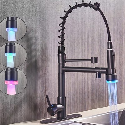 LED Kitchen Sink Faucet Pull Down Sprayer Single Handle Mixer Tap W/ 10'' Cover