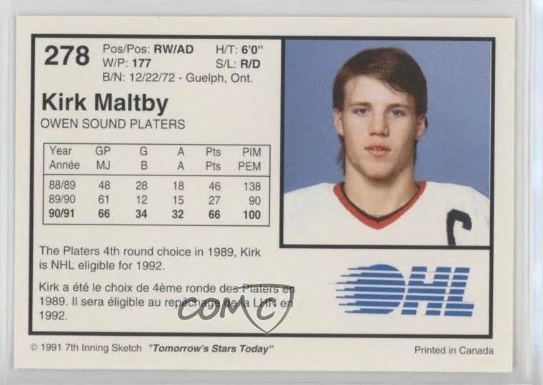 1991-92 7th Inning Sketch OHL Kirk Maltby #278 - Image 2 of 2
