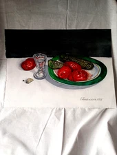 paintingwatercolorstilllifegiftpickledcucumbersandtomatoesonaplateaglasshandmade