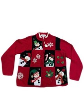 Tiara International Women's Vintage Christmas Snowman Red Knit Zip Sweater L