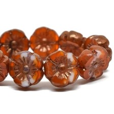1966, 9mm Hibiscus Flower, Pumpkin and White with Bronze Finish,5 Beads, hb9-22