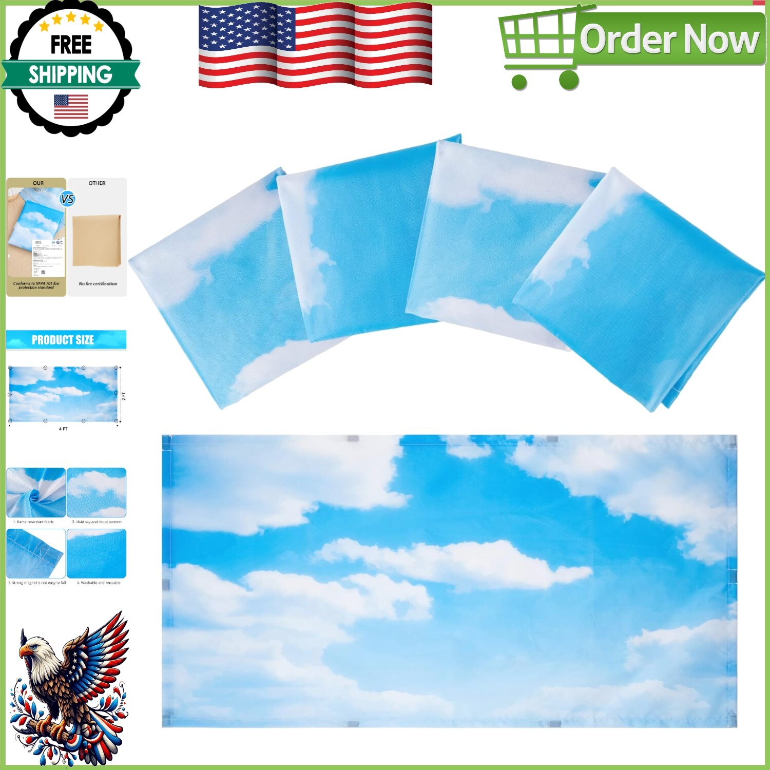 Fluorescent Light Shade Panel: 4 Pack Cloud Design - Easy Magnetic Mount-image