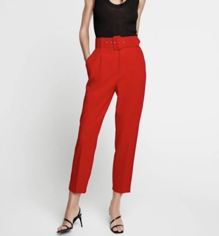 ZARA WOMEN HIGH WAISTED PANTS WITH FABRIC-COVERED BELT NEW RED 4387/630 S M  L