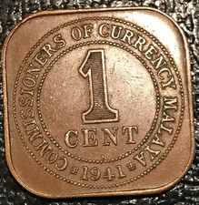 WORLD WAR II ERA XF/AU 1941 MALAYSIA MALAYA ONE CENT COIN-SQUARE-RIM HITS-OCT27