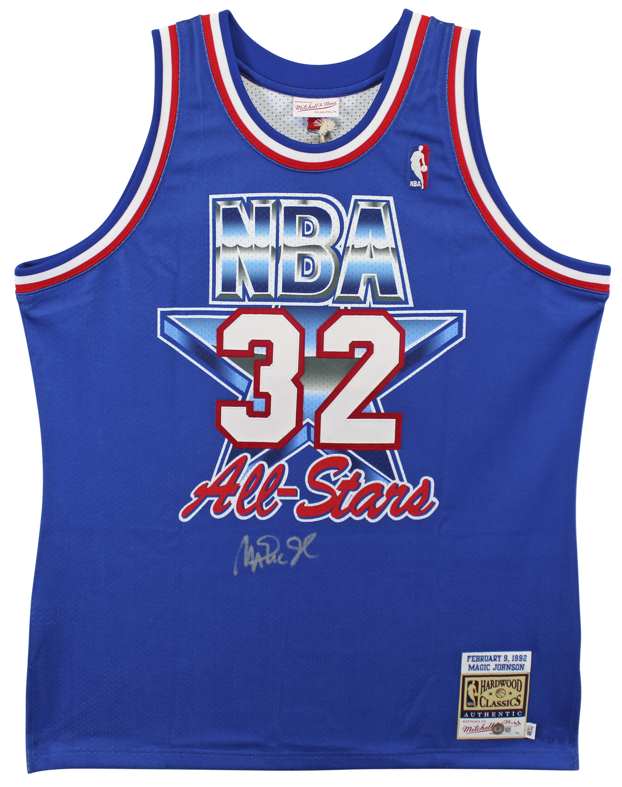 Magic Johnson Autographed Signed Lakers Blue M&N 1992 All-Star Authentic Jersey Beckett Witness 