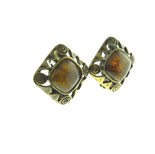 Brown Lucite Square Earrings Clip On