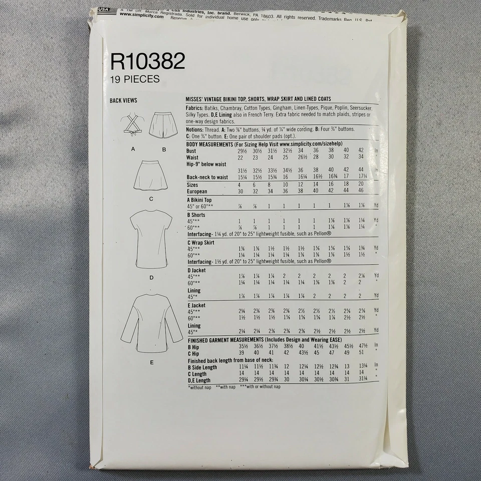 Simplicity Pattern R10382 Misses Retro Bikini Top Shorts Wrap Skirt Coat UNCUT - Image 3 of 4