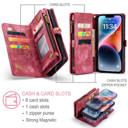 Magnetic Removable Leather Wallet Case For iPhone 16e 15 14 13 12 11 Pro Max 8 7 - Picture 2 of 76