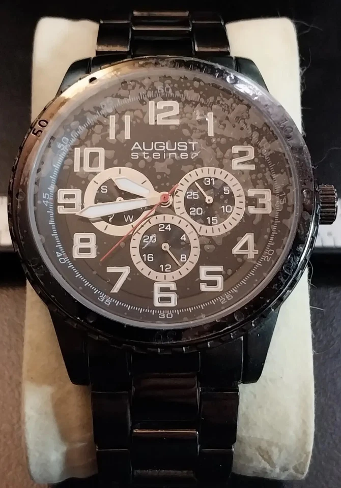 August Steiner Day & Date Quartz Watch AS8060BK SS Bracelet Band New Battery - Image 2 of 4