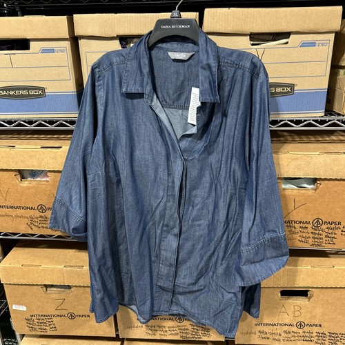 Martha Stewart Top Women 1X Plus Chambray 3/4 Sleeve Button Up Casual AS