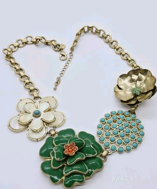 Collar Flor GRUESO Palanca Verde Turquesa Mate Tono Dorado ROLO 21 pulgadas Foto 2 de 4