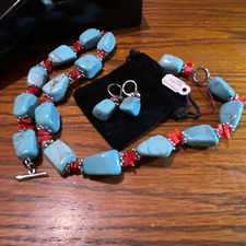 Howlite Necklace Earrings Set Turquoise Blue Beaded Silver Metal Chain