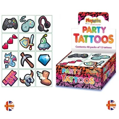 PLAYWRITE 24 Gamer Gaming Tattoos Temporary Kids Childrens Boys Girls Party Bag Fillers