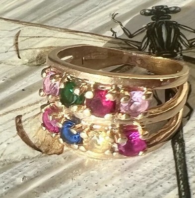 SCHÖNER VINTAGE 14k MASSIVER GOLDRING SCHROTT ODER GETRAGEN MULTI EDELSTEIN 5,2g Größe 5,5