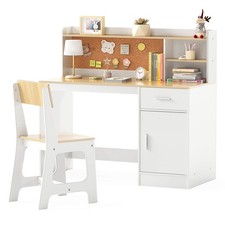 Kids Study Desk and Chair Set Wooden Children Writing Table w/ Shelves & Drawer