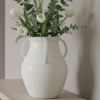 Matte Large Ceramic Pitcher with Handles - Farmhouse Nordic Style White Jug V...