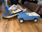 Tonka Jeep Jeepster w/ Plastic Boat & Trailer Blue Vintage Pressed Steel