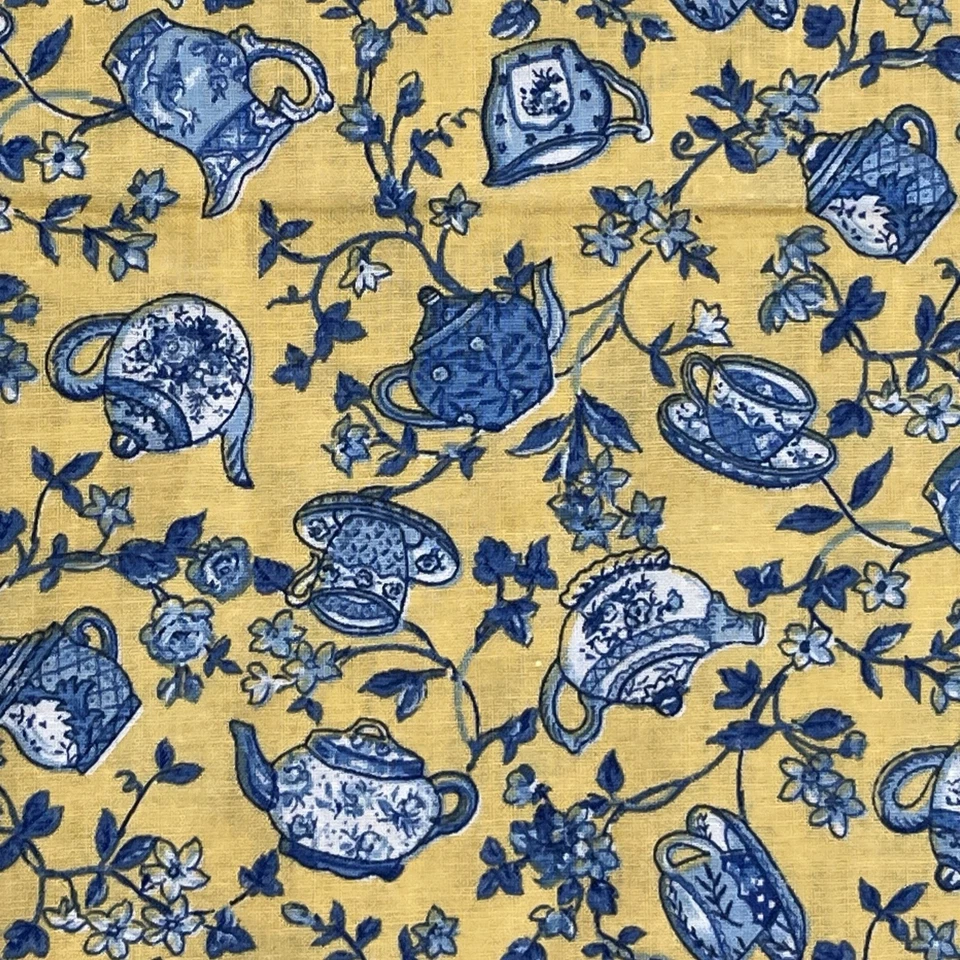Vtg Concord Fabric The Kesslers Cotton Quilt Yellow & Blue Teapots 42L x 46W - Image 3 of 4