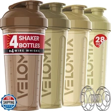 VELOMIX -4 PACK- 28 oz Protein Shaker Bottle for Protein Mixes - 4x Wire Whis