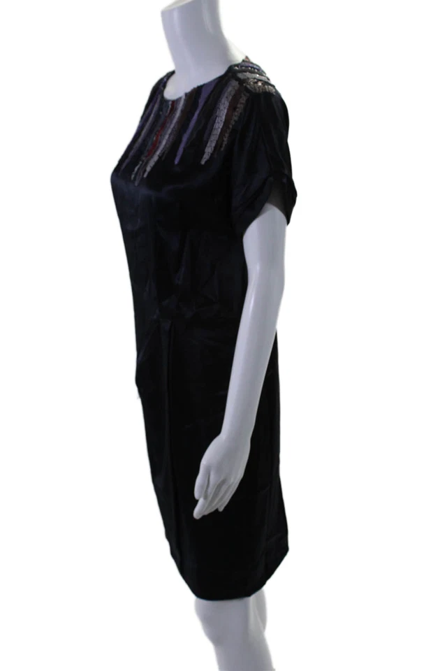 Mint Womens Silk Sequined Knee Length Short Sleeves Dress Midnight Blue Size 6 - Image 2 of 4