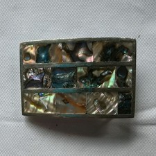 VTG Abalone Shell Mother of Pearl Mosaic Tile Panel Silver Tone Belt Buckle