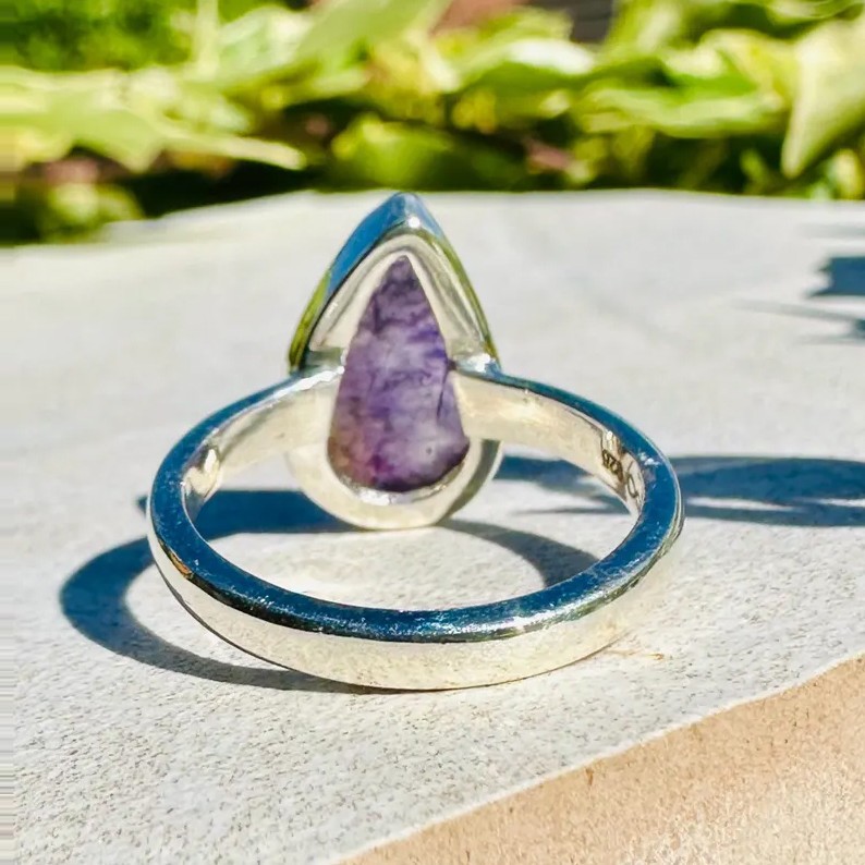 Solid 925 Sterling Silver Natural Purple Blue John Teardrop Stone Handmade Ring View 3