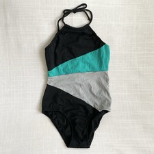 Vintage 80s Aim e Retro Colorblock Halter One Piece Swimsuit Black Teal M EUC