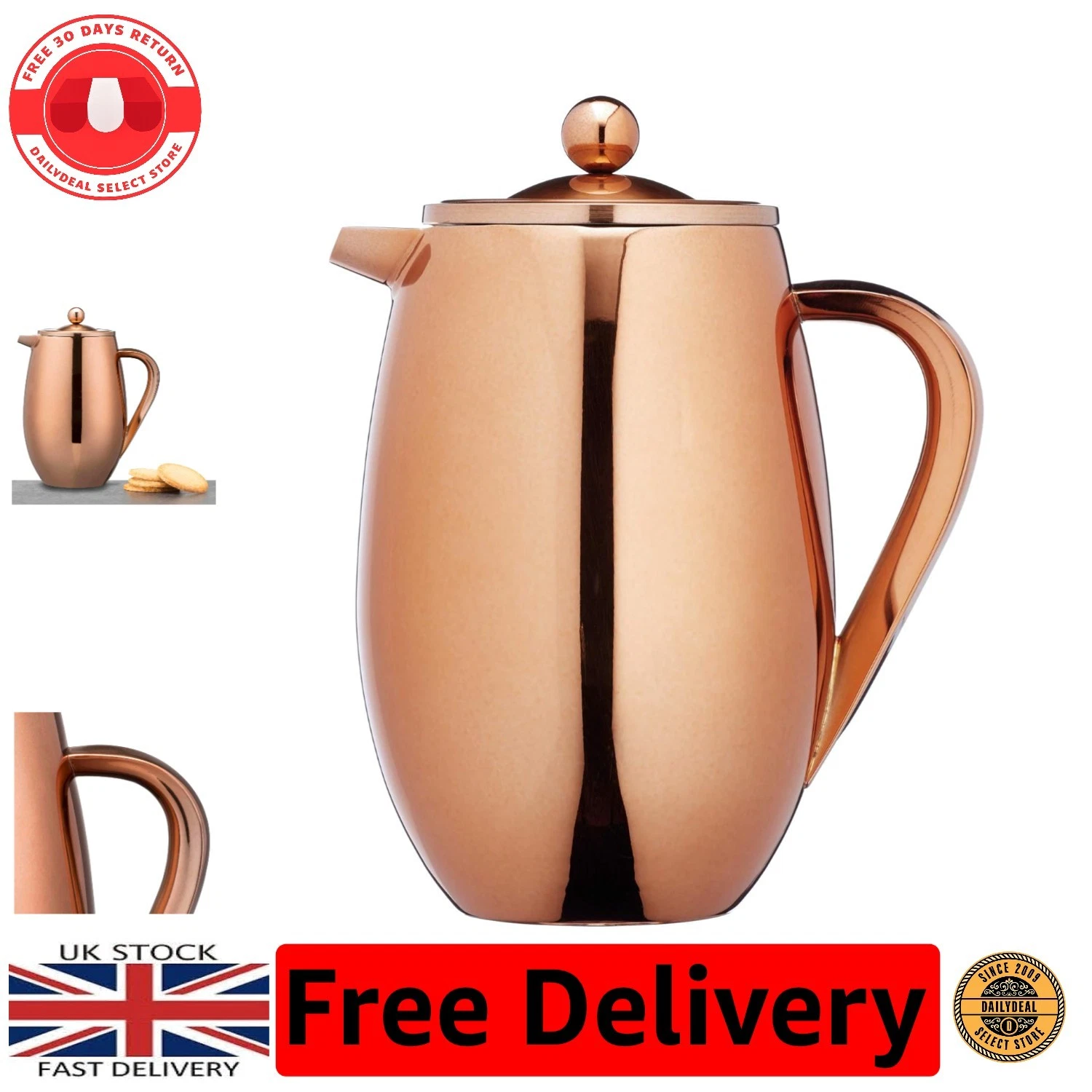 8-Cup Insulated Metal Cafétière - Striking Copper Design for Home Brewing