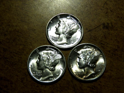 Brilliant Uncirculated 1945PDS Mercury Silver Dime 3 Coin Year Set DF3