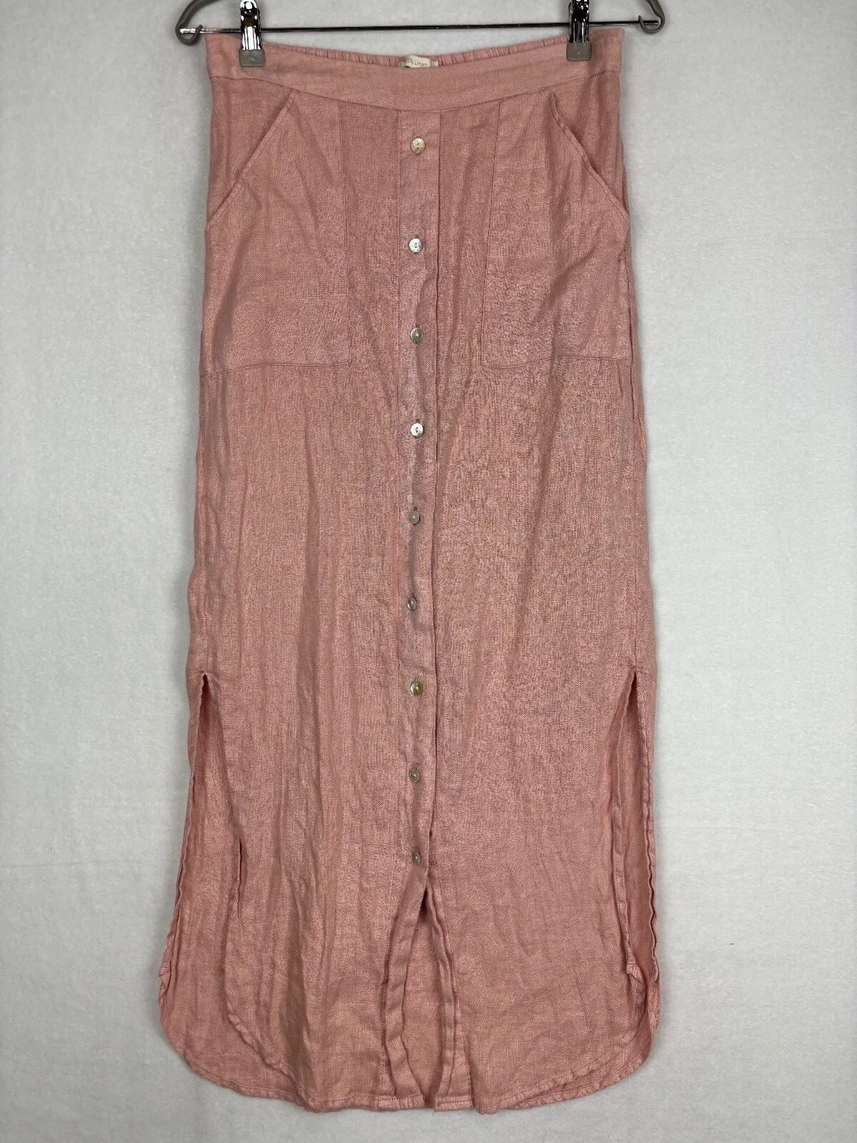 Cynthia Rowley Skirt Big Pocket 100% Linen Size Small S Pink Buttons Big Pockets