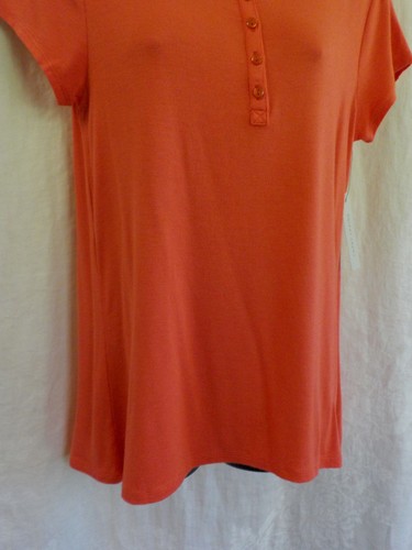 Larry Levine Knit Tops Coral Rayon Blend Scoop Placket Neck Lattice Back Cap Sle - Picture 4 of 12