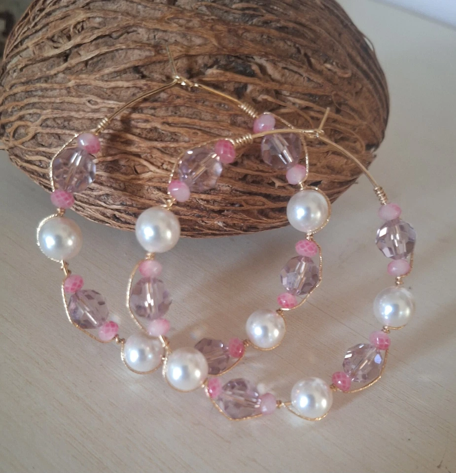 Pendientes llenos de oro hechos a mano con cristal de perlas, ¡cristales! Foto 2 de 4