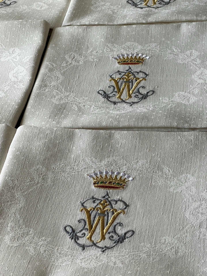 6 serviette Fleurs Lys 55x55 brodées monogramme  ancien W couronne Comte cadeau - Photo 4/4