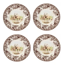 SET of 4 Spode Woodland Salad Dessert Deer Elk Plates Thanksgiving NEW 20 cm