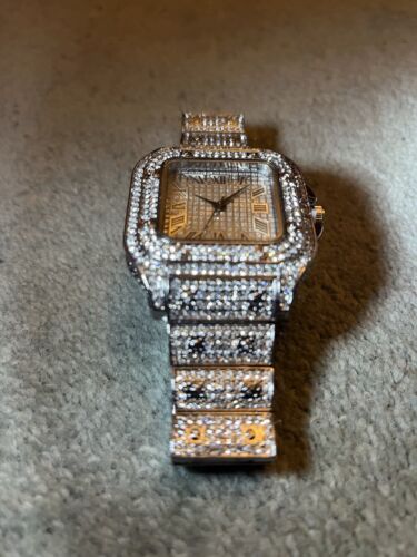 Silver Mens Iced Out Square Face Watch Luxury Crystal CZ Bling - Picture 5 of 5