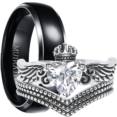 His Her Wedding Set Silver Black Titanium Heart Wings Unique Couples Rings