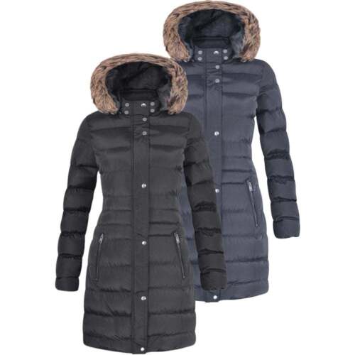 Womens Long Fur Trimmed Hooded Padded Puffer Parka Ladies Winter Jacket Coat - Picture 3 of 13