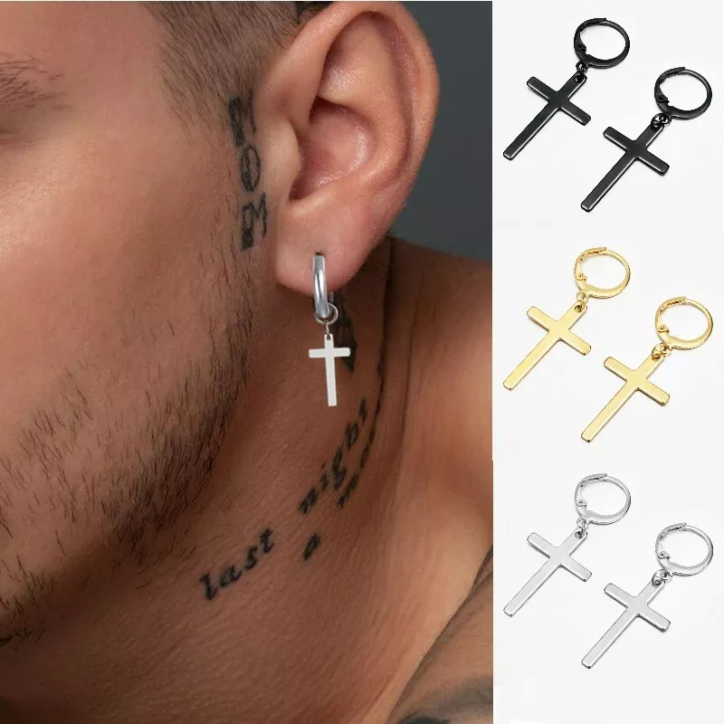 1pair Cross Dangle Earrings Stainless Steel Hinged Piercing Hoop Earring Unisex
