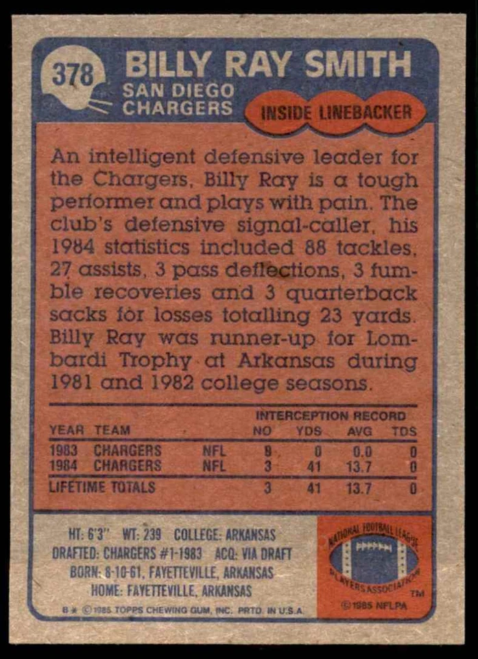 1985 TOPPS BILLY RAY SMITH SAN DIEGO CHARGERS #378 - Image 2 of 2
