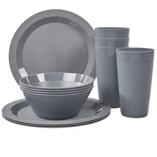Newport Plastic Plate, Bowl and Tumbler Dinnerware Set for 4 in Grey Stone | ...
