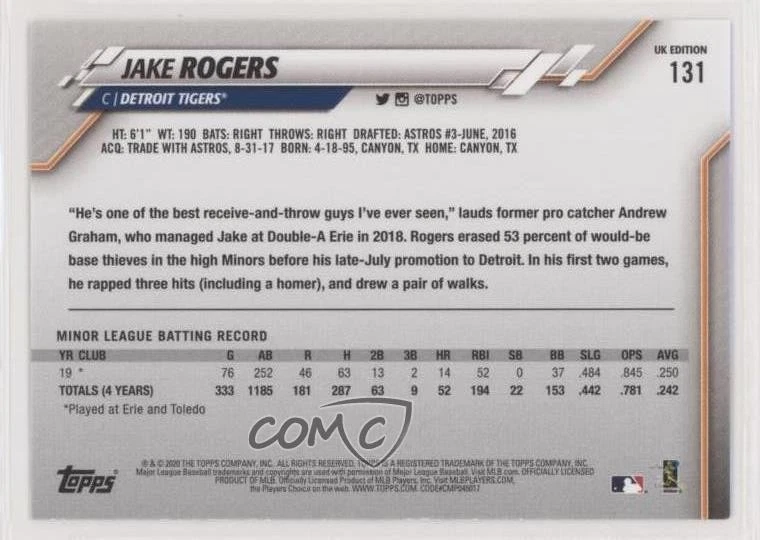 2020 Topps UK Edition Jake Rogers #131 Rookie RC - Image 2 of 2