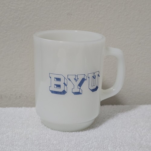VTG Anchor Hocking BYU Brigham Young University Milk Glass 4" Mug Fire-King USA